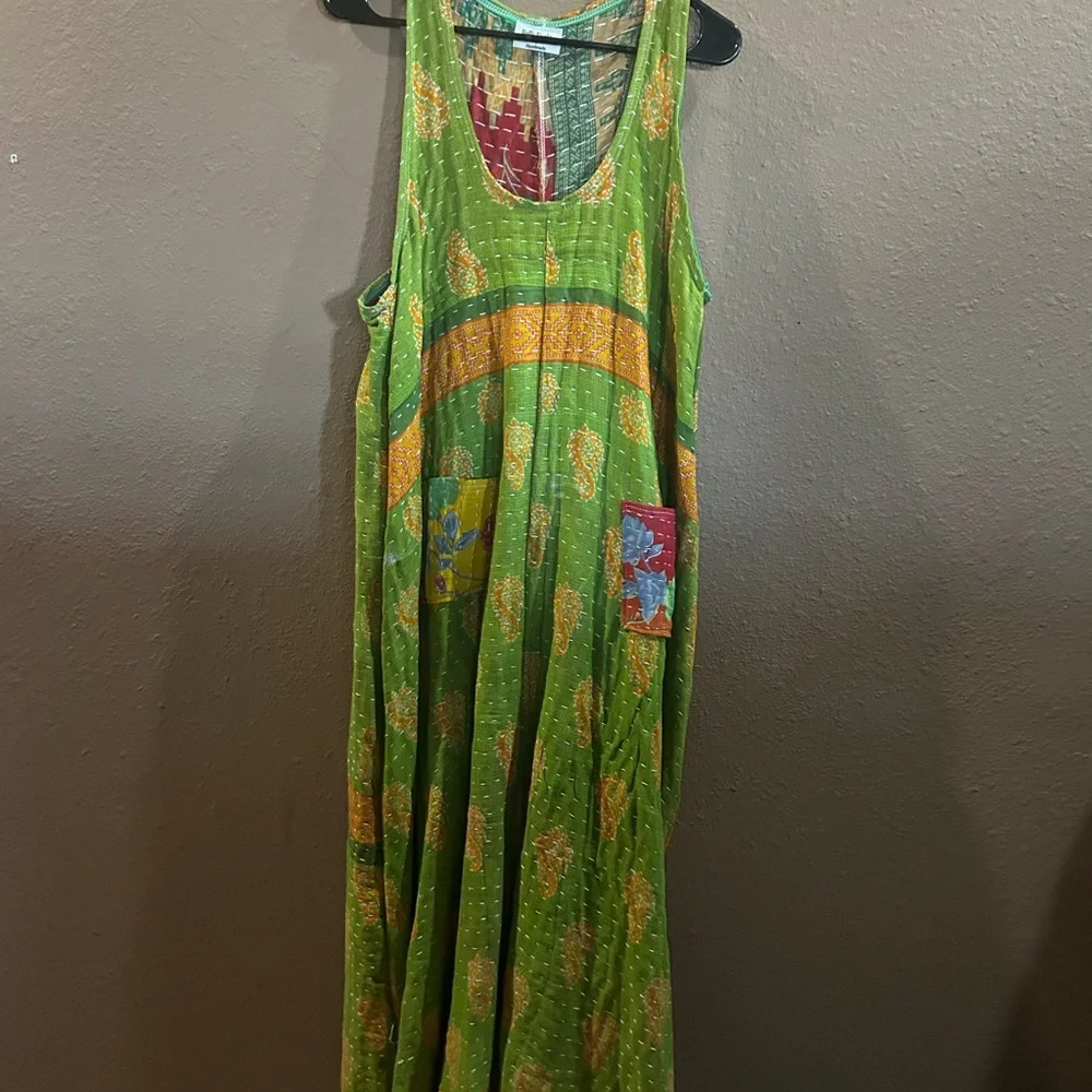 Green Sleeveless Maxi Dress with Floral Accents. Upscale with Kantha material - Picture 1 of 3